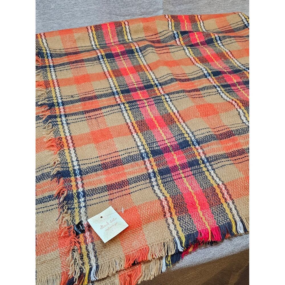 NWT Altar'd State Plaid Throw Blanket Bed Sofa Woven 52"x 52" Orange Fringe
